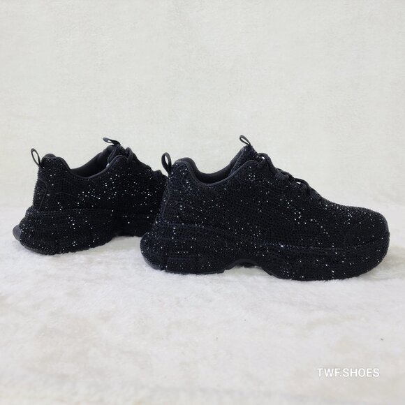 Cush Dazzle Sport Rhinestone Comfy Platform Light Weight Sneakers Black - Picture 4 of 7